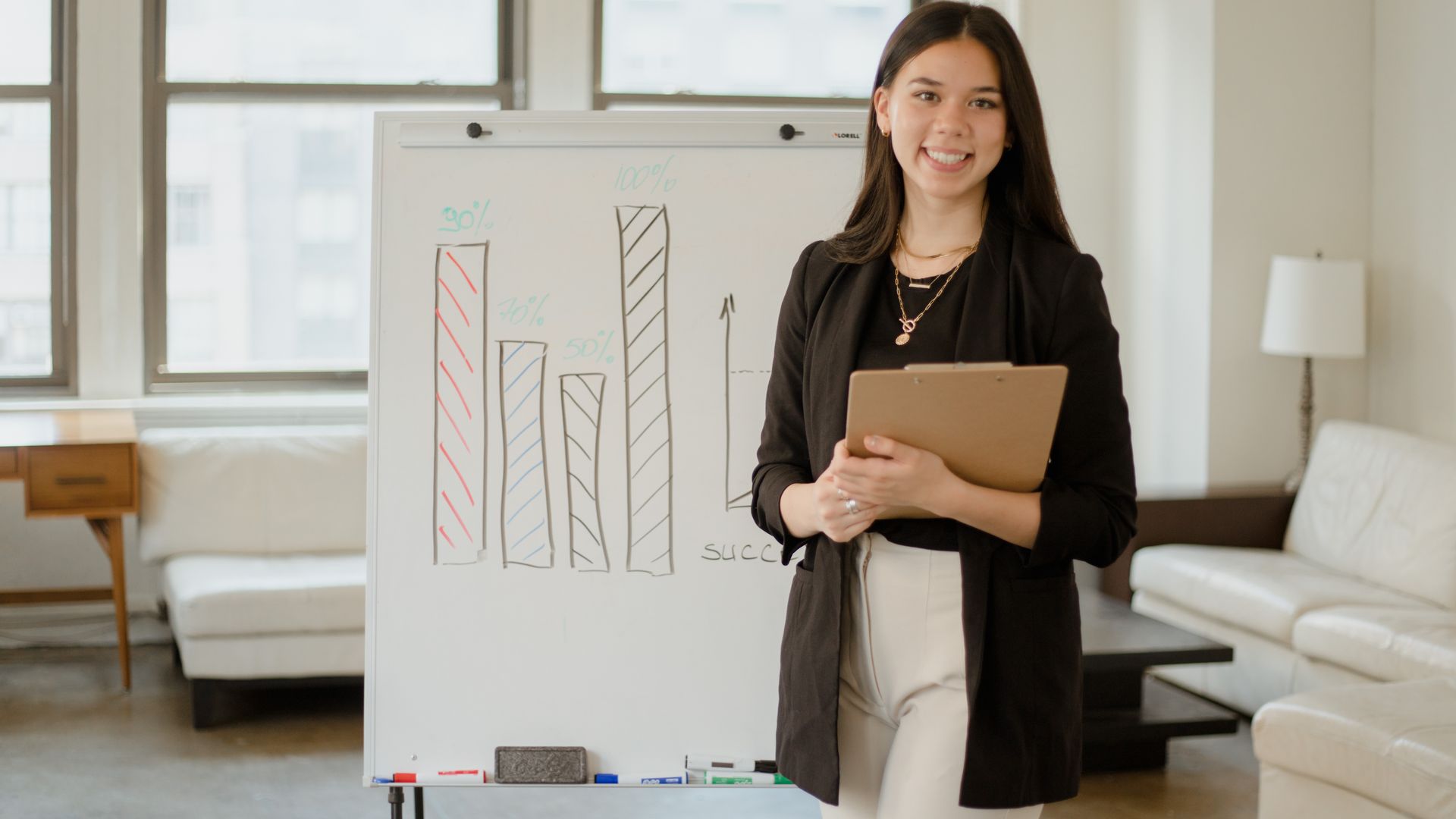 Learner presenting career growth progress on a whiteboard